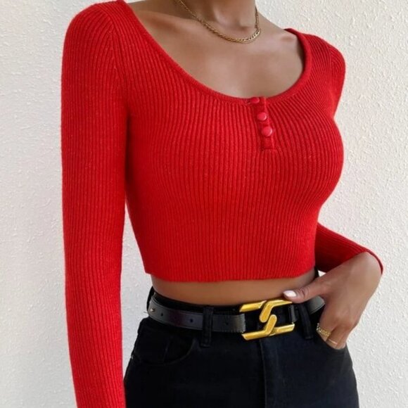 Scoop Neck Button detailed Cropped Rib-Knit Sweater top Red - Picture 5 of 7